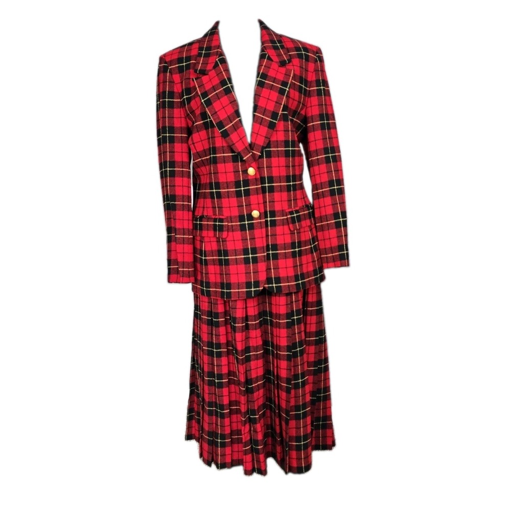 Pendleton VTG Womens Wallace Tartan Wool Suit Blazer Midi Skirt 12 Red Old Money